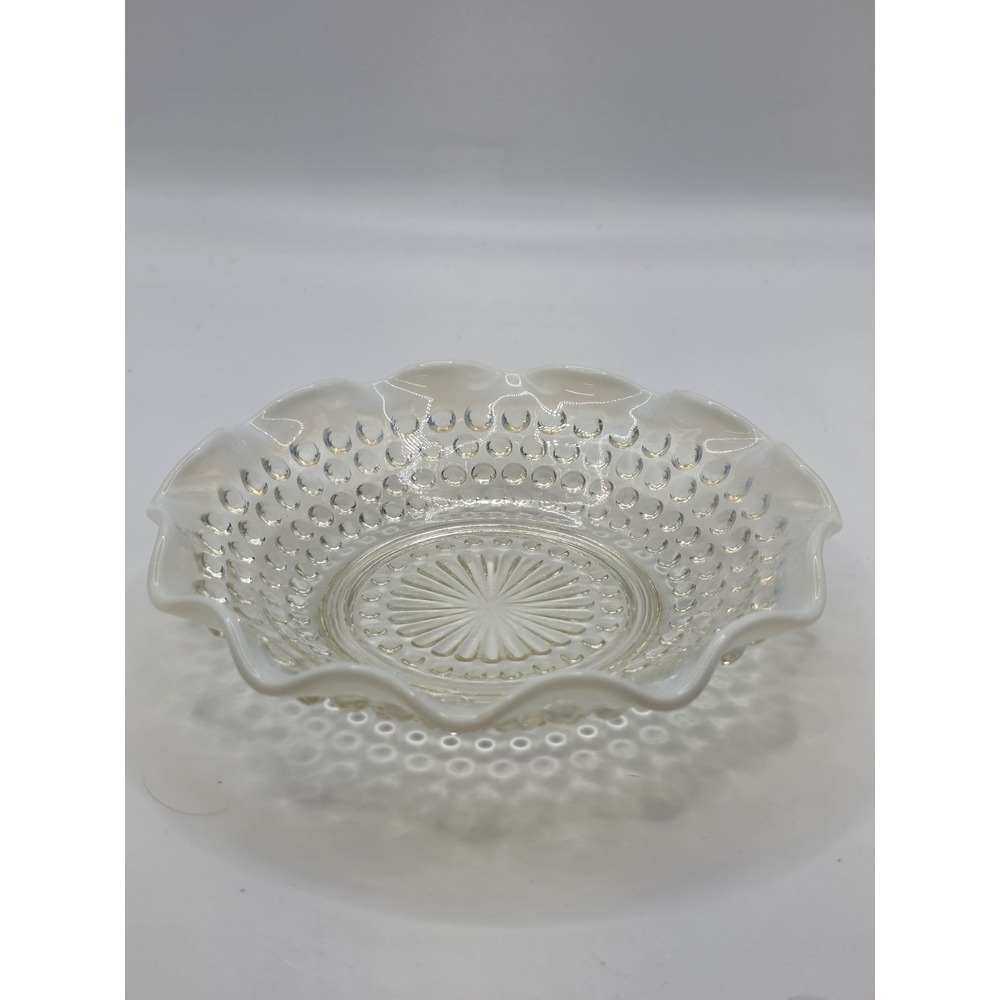 Vintage Opalescent Moonstone Clear White Milk Hobnail Glass Bowl Ruffled Edge